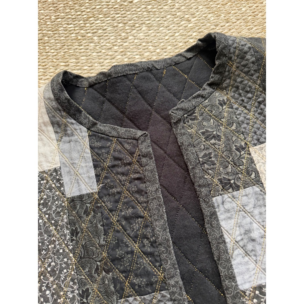 Handmade Quilted Patchwork Jacket Open Front Cardigan Black Grey Boho XL - Picture 3 of 7